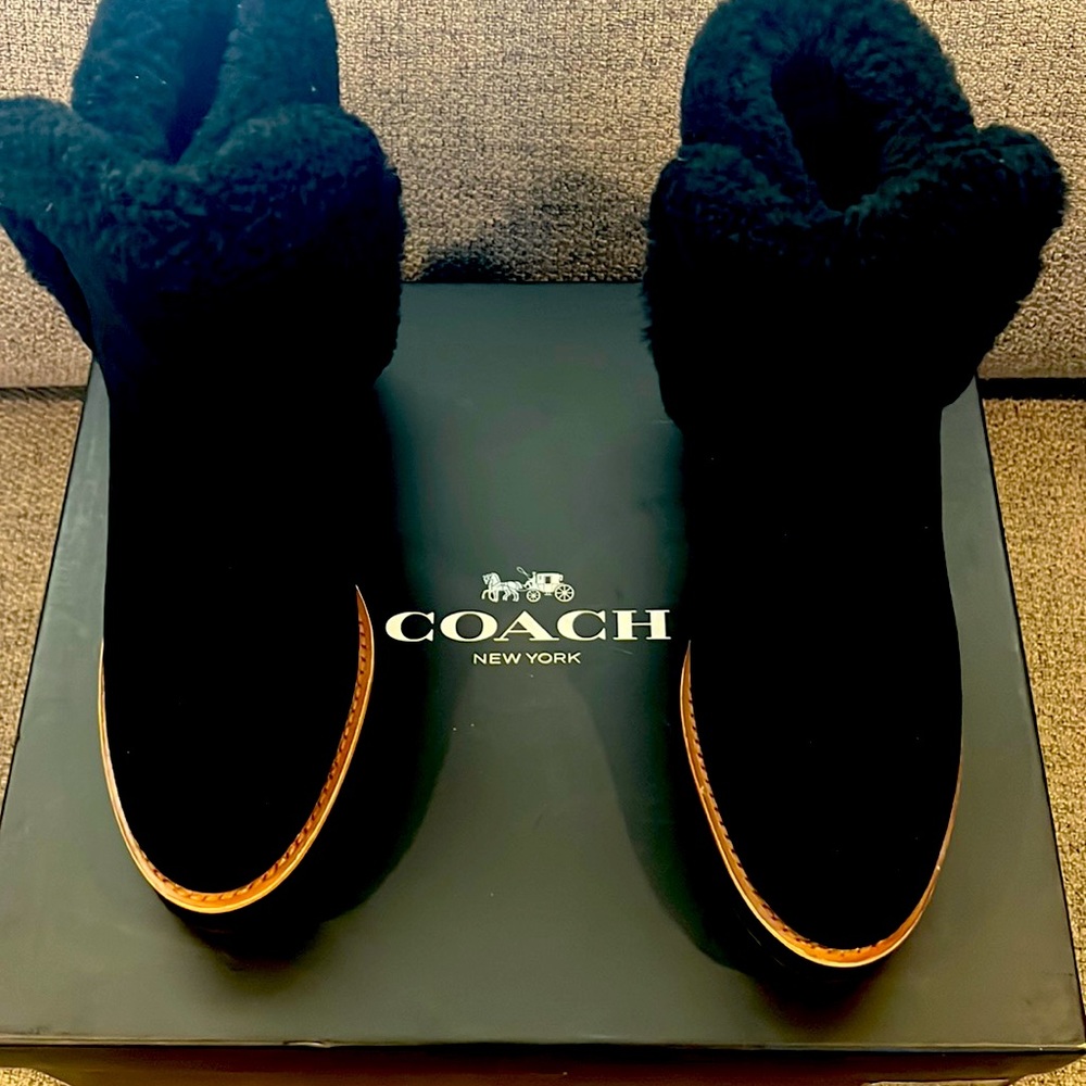 Women’s 8.5 black Kingston calf suede & shearling wedge bootie’s (New)